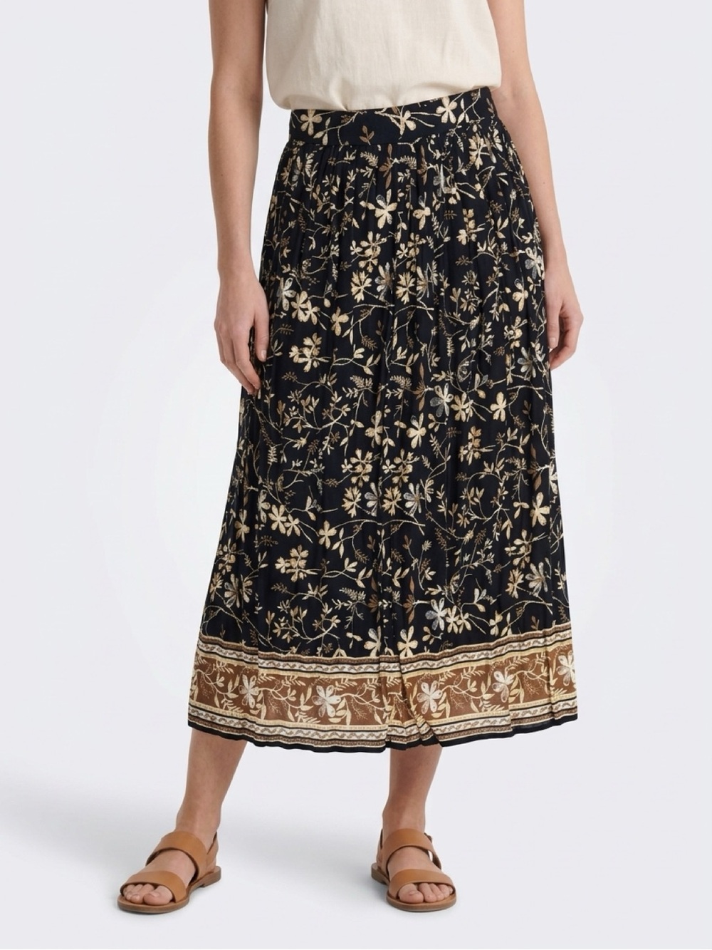Bobbie Brooks Floral Skirt Size M 8/10 Black Border Boho Maxi